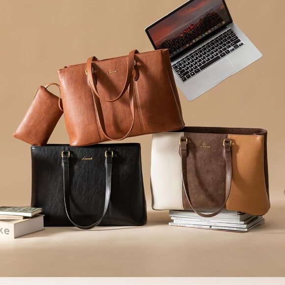 Laptop Tote Bag for Women,Work Tote with Wristlet,PU Leather Computer Bag for Te - Picture 8 of 8